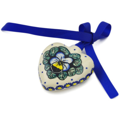 Polish Pottery Ornament Heart 3&quot; Flower In The Grass UNIKAT