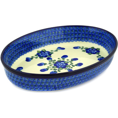 Polish Pottery Oval Baker 12&quot; Blue Poppies