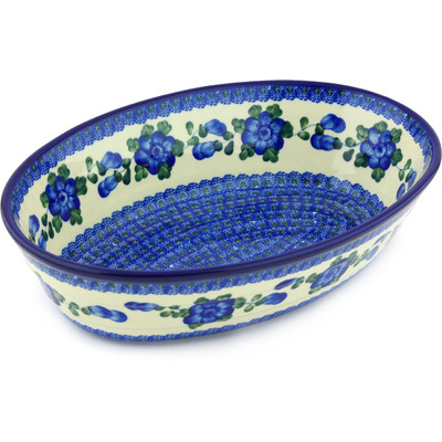 Polish Pottery Oval Baker 13&quot; Blue Poppies