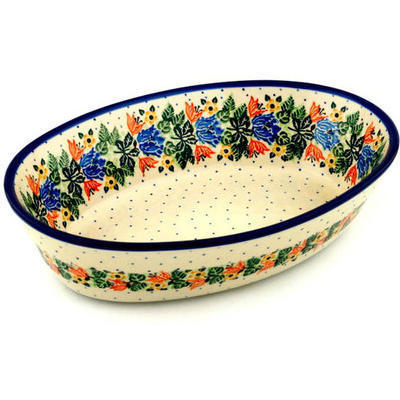 Polish Pottery Oval Baker 13&quot; Dotted Floral Wreath UNIKAT