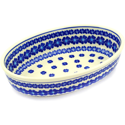 Polish Pottery Oval Baker 9&quot; Blue Lei