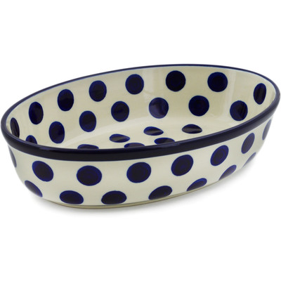 Polish Pottery Oval Baker 9&quot; Bold Blue Dots