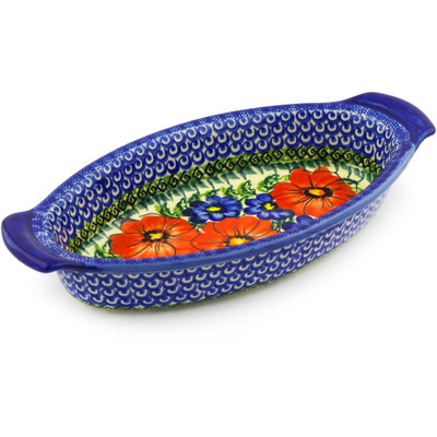 Polish Pottery Oval Baker with Handles 10&quot; Red Star UNIKAT