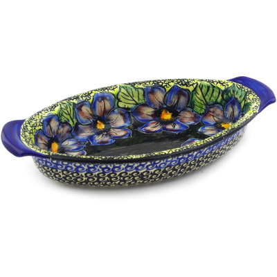 Polish Pottery Oval Baker with Handles 12&quot; Midnight Glow UNIKAT