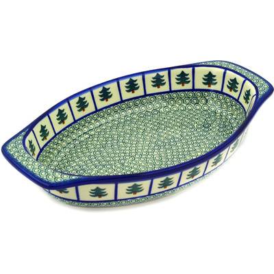 Polish Pottery Oval Baker with Handles 12&quot; Perky Pine