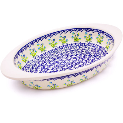 Polish Pottery Oval Baker with Handles 13&quot; Evergreen Wreath