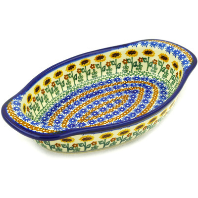 Polish Pottery Oval Baker with Handles 13&quot; Field Of Sunflowers
