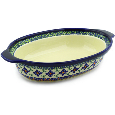 Polish Pottery Oval Baker with Handles 13&quot; Gingham Flowers