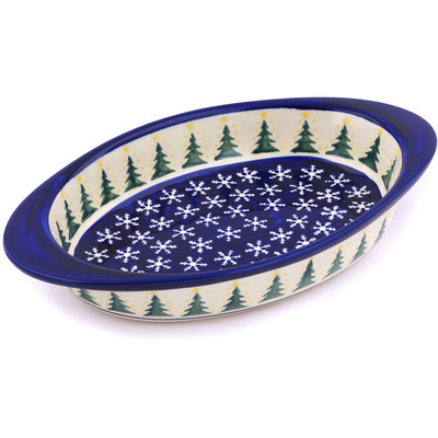 Polish Pottery Oval Baker with Handles 13&quot; Snow Under The Pines