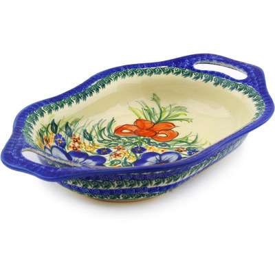 Polish Pottery Oval Baker with Handles 13&quot; Spring Garden UNIKAT