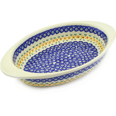 Polish Pottery Oval Baker with Handles 13&quot; Starflower Peacock