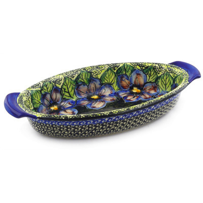 Polish Pottery Oval Baker with Handles 14&quot; Midnight Glow UNIKAT