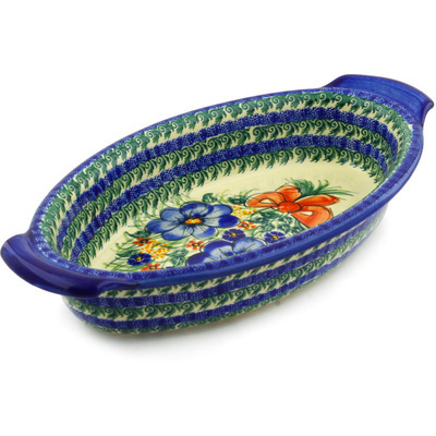 Polish Pottery Oval Baker with Handles 14&quot; Spring Garden UNIKAT