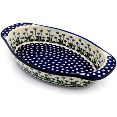 Polish Pottery Oval Baker with Handles 15&quot; Blue Daisy Peacock