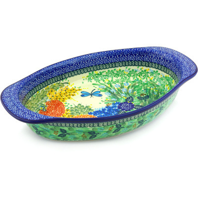 Polish Pottery Oval Baker with Handles 15&quot; Garden Delight UNIKAT
