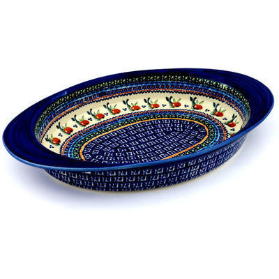 Polish Pottery Oval Baker with Handles 17&quot; Apple Pears