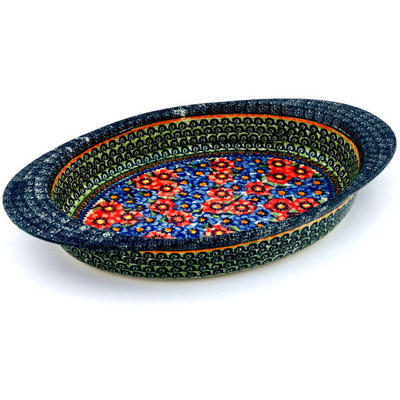 Polish Pottery Oval Baker with Handles 17&quot; Blue And Red Poppies UNIKAT
