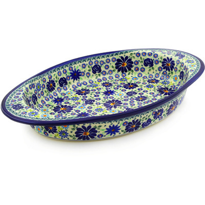 Polish Pottery Oval Baker with Handles 17&quot; Blue Summer Garden