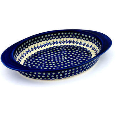 Polish Pottery Oval Baker with Handles 17&quot; Flowering Peacock