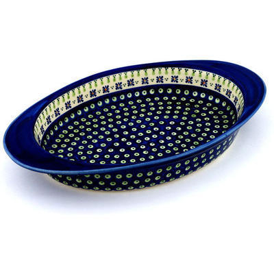 Polish Pottery Oval Baker with Handles 17&quot; Green Gingham Peacock