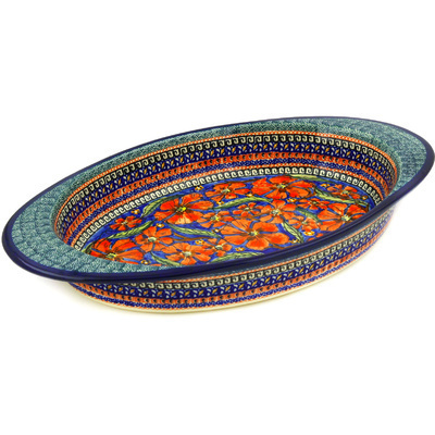 Polish Pottery Oval Baker with Handles 17&quot; Poppies UNIKAT