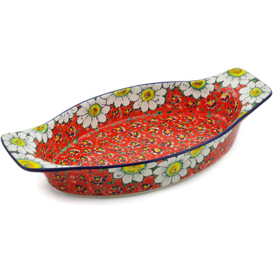 Polish Pottery Oval Baker with Handles 18&quot; Sweet Red Petals UNIKAT