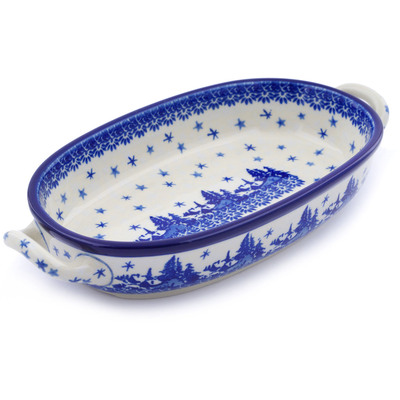 Polish Pottery Oval Baker with Handles 8-inch Blue Winter