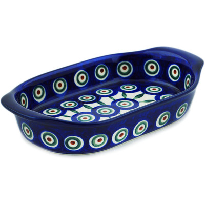 Polish Pottery Oval Baker with Handles 8&quot; Peacock Leaves