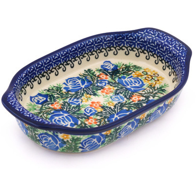 Polish Pottery Oval Baker with Handles 8&quot; Spring Rose UNIKAT