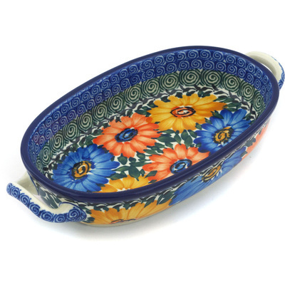 Polish Pottery Oval Baker with Handles 8-inch Summer Dance UNIKAT