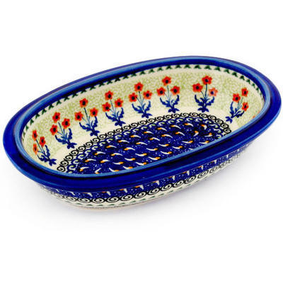 Polish Pottery Oval Bowl 10&quot; Red Daisy Blooms UNIKAT