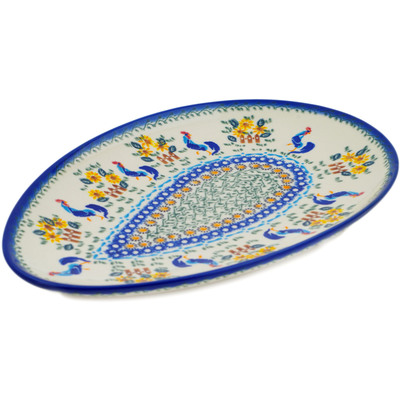 Polish Pottery Oval Platter 13&quot; Rooster Madness UNIKAT