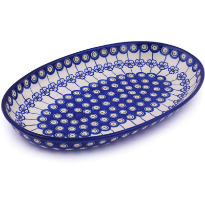 Polish Pottery Oval Platter 14&quot; Flowering Peacock