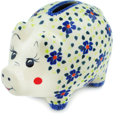 Polish Pottery Piggy Bank 4&quot; Hope Flowes UNIKAT