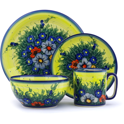 Polish Pottery Place Setting 4-Piece: Mug, Bowl, Dinner Plate, Side Plate Sunshine Flowers UNIKAT
