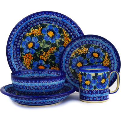 Polish Pottery Place Setting 5-Piece: Mug, Bowl, Pasta Bowl, Dinner Plate, Dessert Plate Corn In The Blue UNIKAT