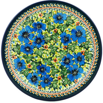Polish Pottery Plate 11&quot; Vibrant Blue Flowers UNIKAT