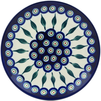 Polish Pottery Plate 7&quot; Peacock Leaves