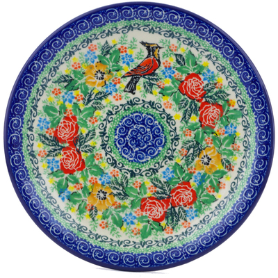 Polish Pottery Plate 8&quot; Red Robin Roses UNIKAT