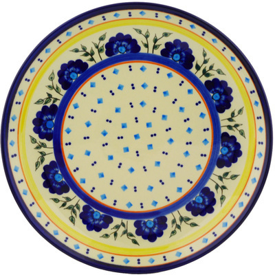 Polish Pottery Platter 13&quot; Blue Diamond Flowers