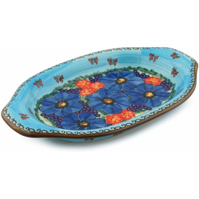 Polish Pottery Platter with Handles 12&quot; Blue Garden UNIKAT