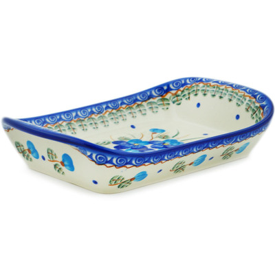 Polish Pottery Platter with Handles 9&quot; Blue Pansy