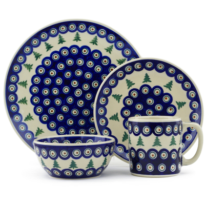 Polish Pottery Polish Pottery Place Setting 4-Piece: 10&frac12;&quot; dinner plate, 7&frac12;&quot; dessert or side plate, 5&frac14;&quot; bowl and a 12 oz mug Peacock Pines