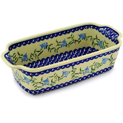 Polish Pottery Rectangular Baker with Handles 10&quot; Blue Rose Peacock