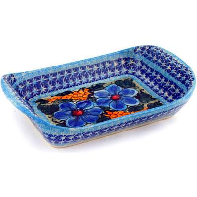 Polish Pottery Rectangular Baker with Handles 10&quot; Corn In The Blue UNIKAT