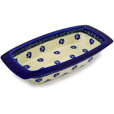 Polish Pottery Rectangular Baker with Handles 14&quot; Forget Me Not Dots