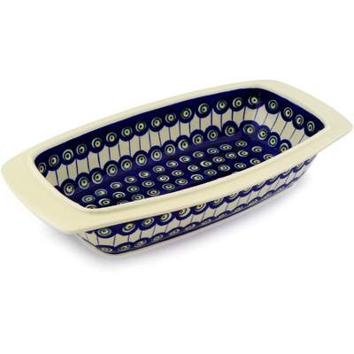 Polish Pottery Rectangular Baker with Handles 14&quot; Traditional Peacock