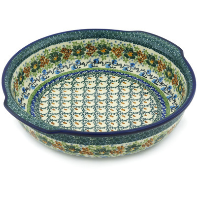 Polish Pottery Round Baker with Handles 10&frac14;-inch Blue Forget-me-nots UNIKAT