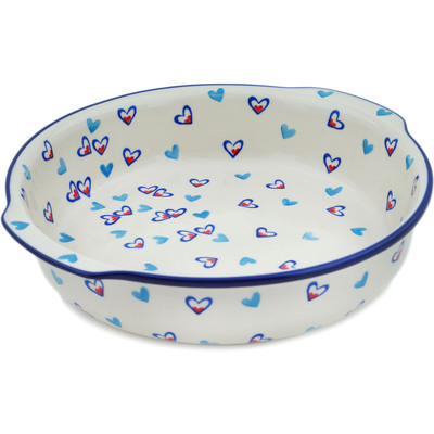 Polish Pottery Round Baker with Handles 10&frac14;-inch Dancing Hearts