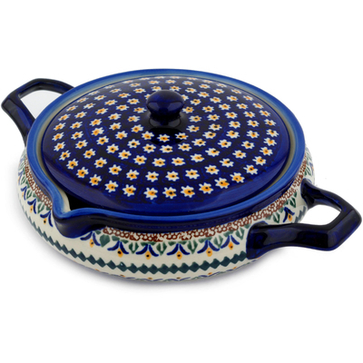 Polish Pottery Round Baker with Handles 10&quot; Floral Peacock UNIKAT